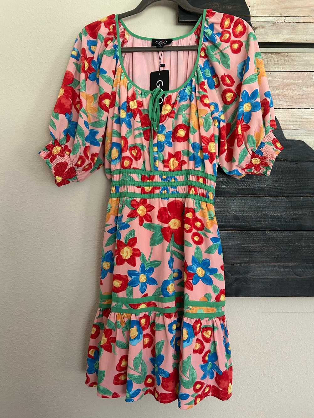 Gigio Floral Tie-Front Puff Smocked Cuff Short Sleeve Elastic Waist Dress